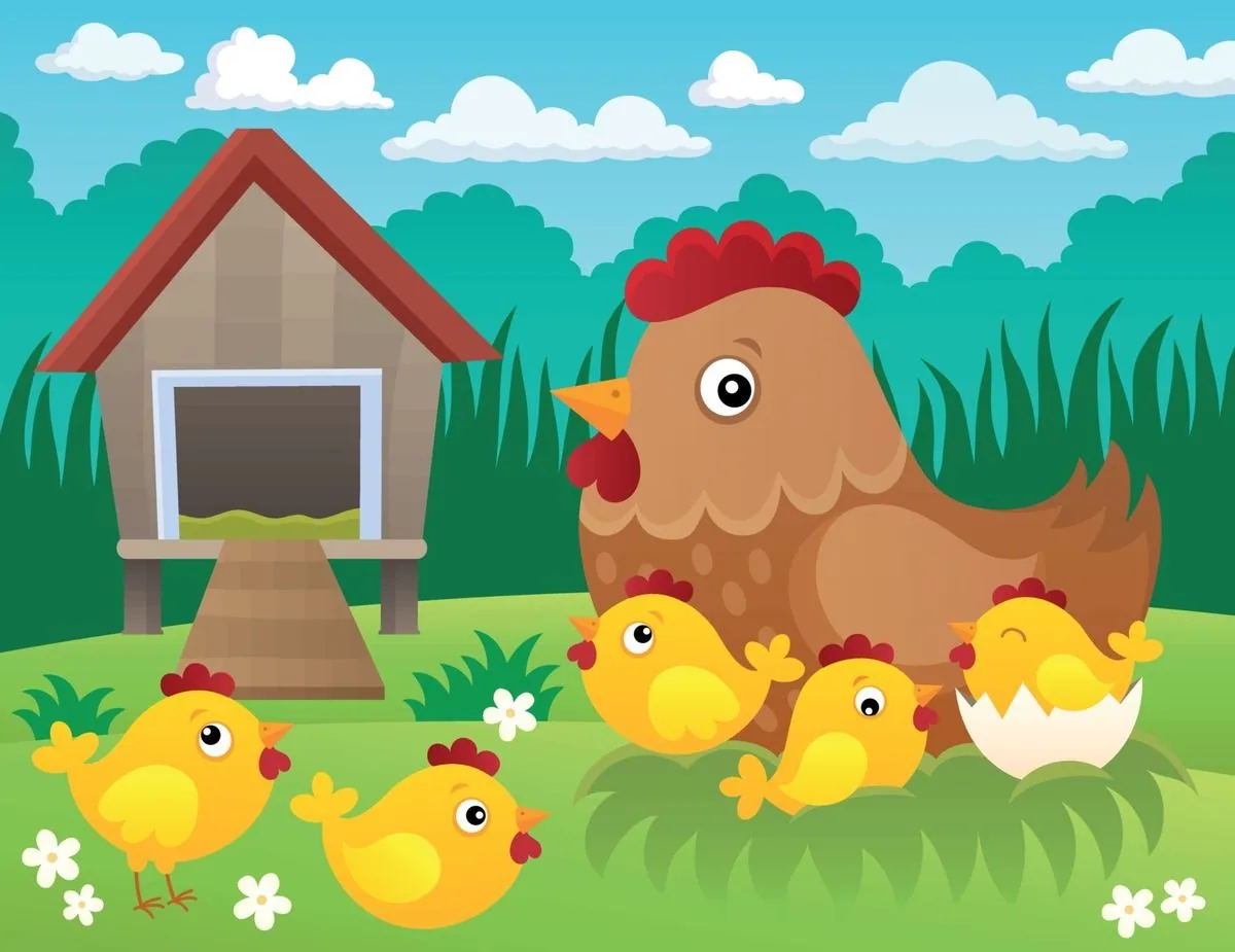 Dessin : un poulailler en bois, une poule et des poussins dans l'herbe